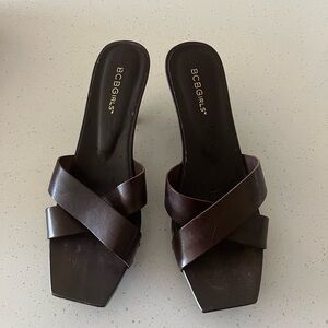 BCBGirls Brown Mules with Glossy Crossed Straps